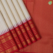 Half White gold zari kattam and thousand butta motifs contrast red gold zari lines temple border tradtional silk saree
