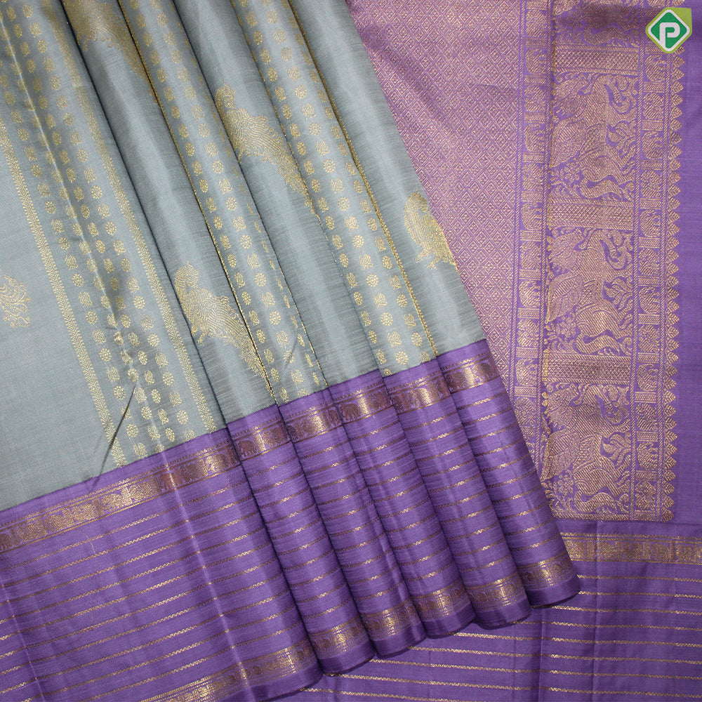 Gray and Light Magenta Color Elephant And Lines Border Traditional Silk Saree