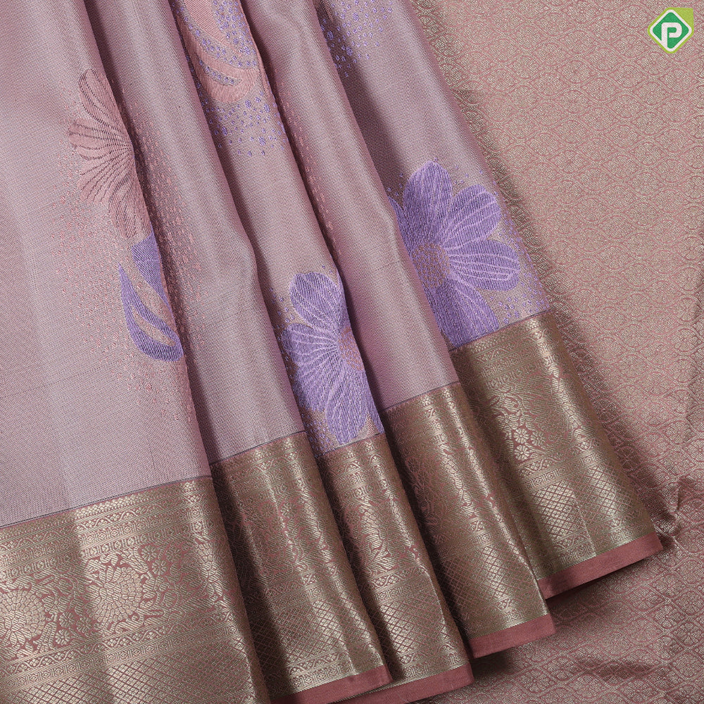 Light Lavender flowers thread work design onion pink god zari rangoli border trendy silk saree
