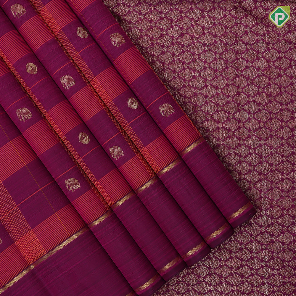 Purple pink base orange combo gold zari elephant chakkaram butta self god zari rettapet border traditional silk saree