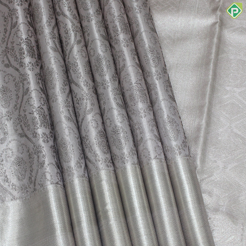 Silver Zari Full Tissue Chocolate Brown Color Flower Motif Grand Traditional Silk Saree