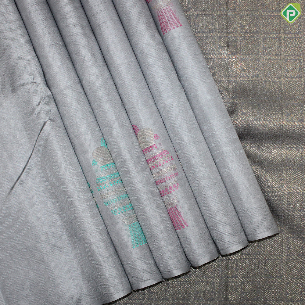 Gray Color Meena Work Parrot Design Border Less Trendy Silk Saree