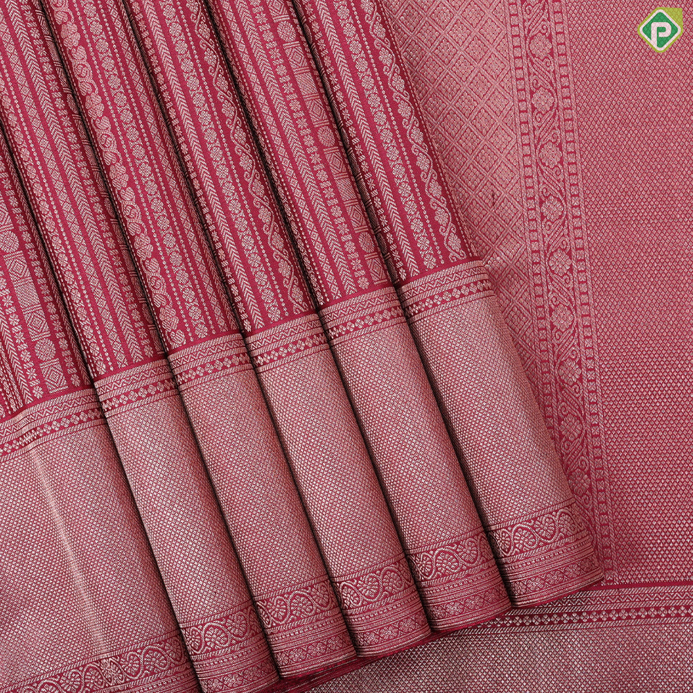 Magenta Pink silver gold Zari self designed Stripes self rettapet bavanji border trendy silk saree
