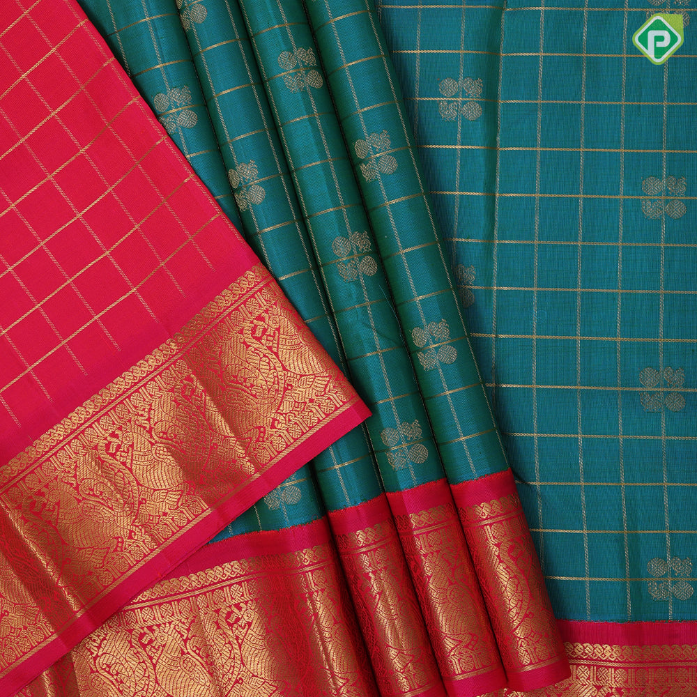 Peacock blue gold zari kattam annam chakkaram design rani pink gold zari annam butta pattu paavadai lehanka