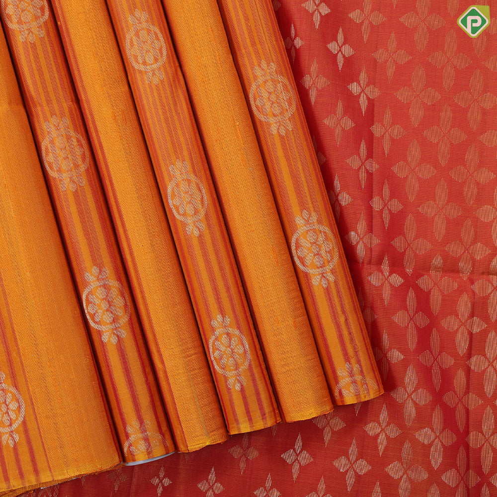 Honey orange rani pink stripes gold zari round flower design borderless grand pallu soft silk saree