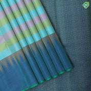 Multi color Lines self designed checked design Peacock blue gold zari temple green edge border silk saree