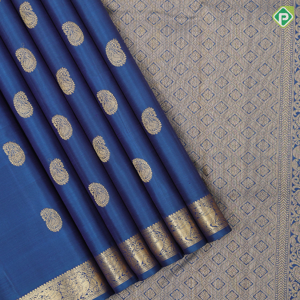 Peacock blue gold zari mango butta design self color gold zari yaali and annam butta border traditional silk saree
