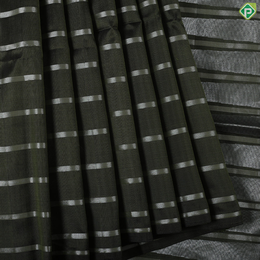 Olive green silver stripes design borderless soft silk saree