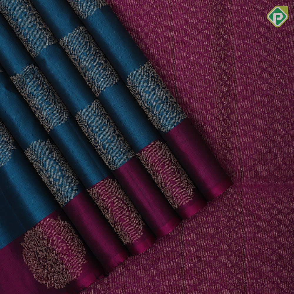 Peacock blue gold zari round rangoli butta motifs Purple Plain border grand pallu soft silk saree