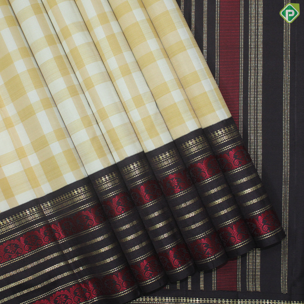 Mustard Cream White Checked With Chocolate Brown Thread And Gold Zari Border Traditional Silk Saree