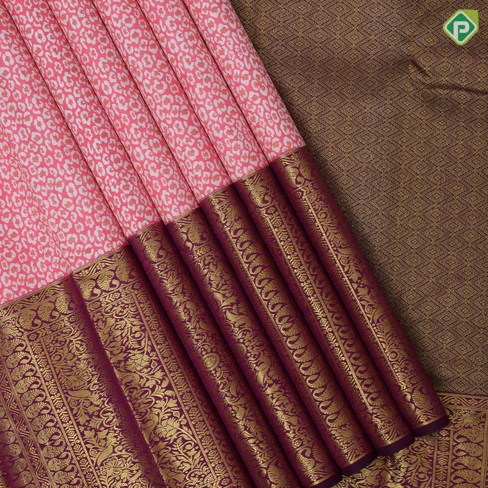 Bubblegum Pink Copper Zari Cheetah Skin Type Design Purple Floral Design Trending Fancy Silk Saree