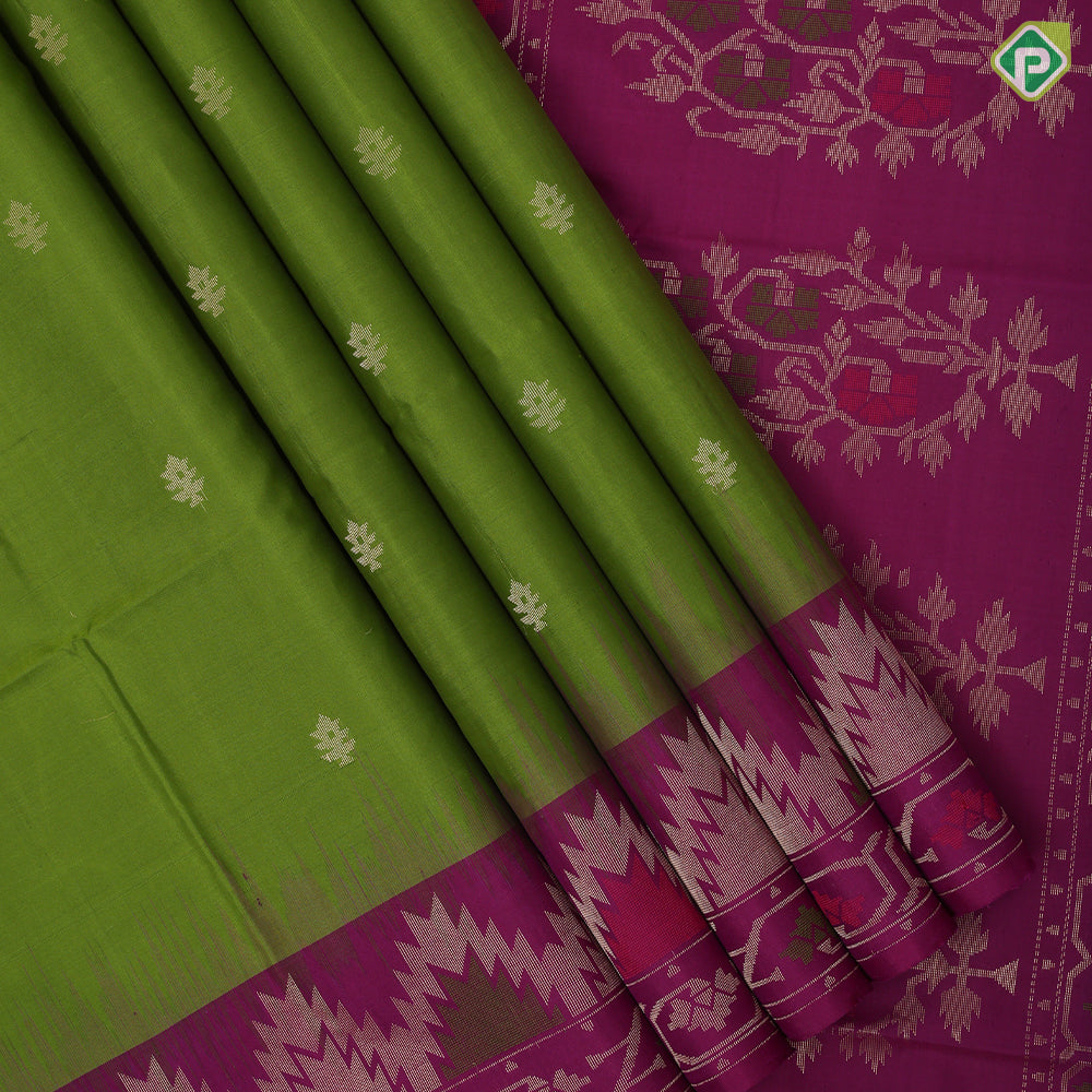 Mustard yellow gold zari fancy butta design grand pallu rani pink gold zari temple border soft silk saree