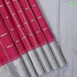cream pink gold zari checked window panel blueish grey gold zari thilagam border traditional silk saree