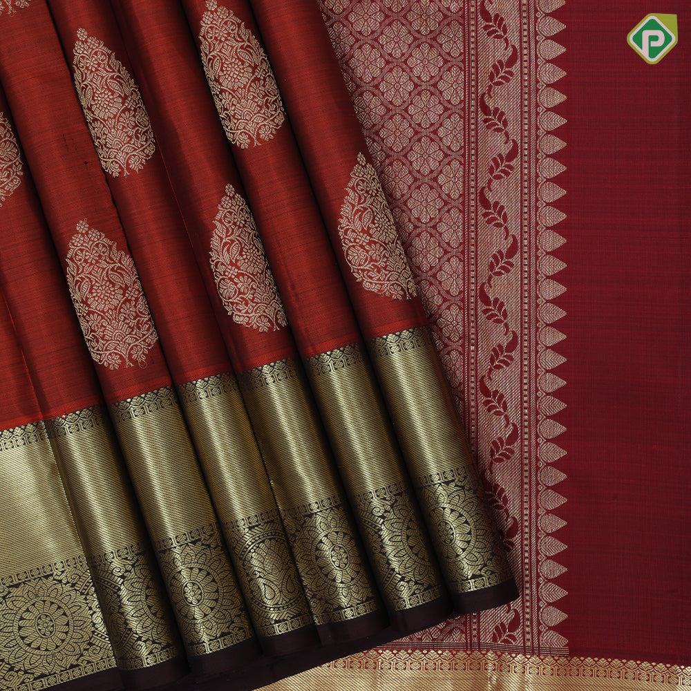 Rust Orange Gold Zari Thilagam Butta Design Coffee Brown Mango Charagam Border Design Traditional Silk Saree