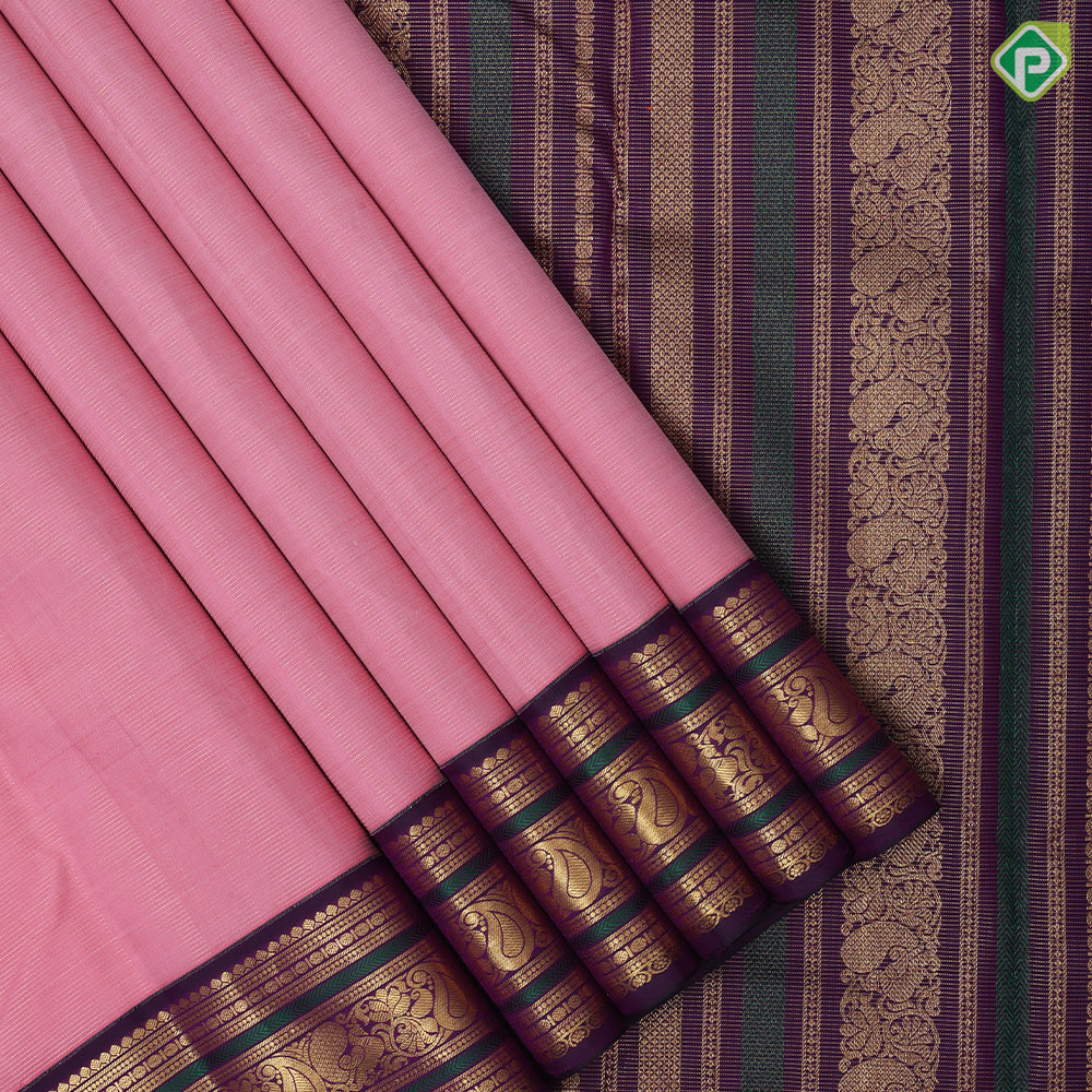 pale pink gold zari mild vairaoosi lines dark purple gold zari peacock mango butta thread work border traditional silk saree