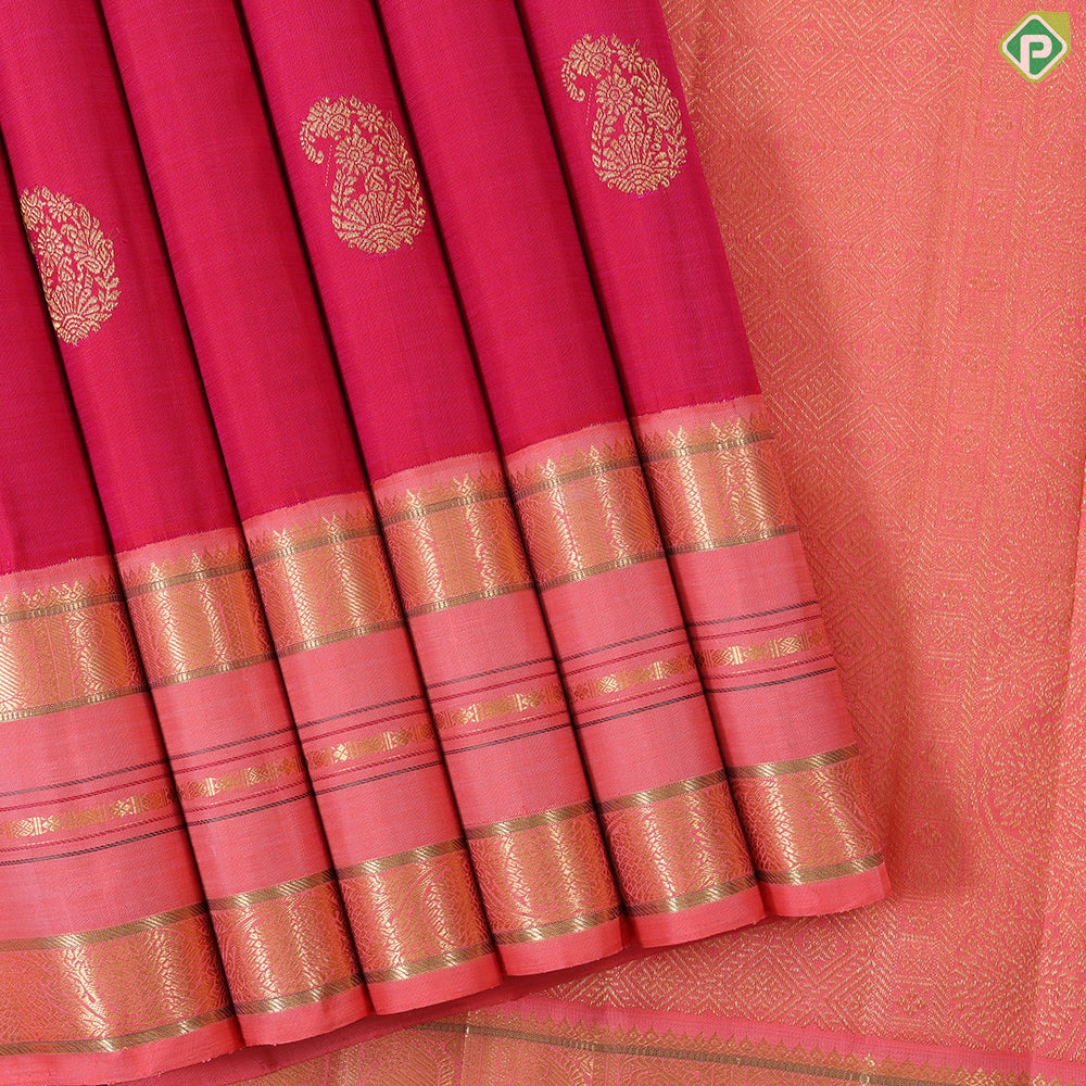 Rani pink gold zari mango butta motifs peach with gold zari silk thread lines border traditional silk saree