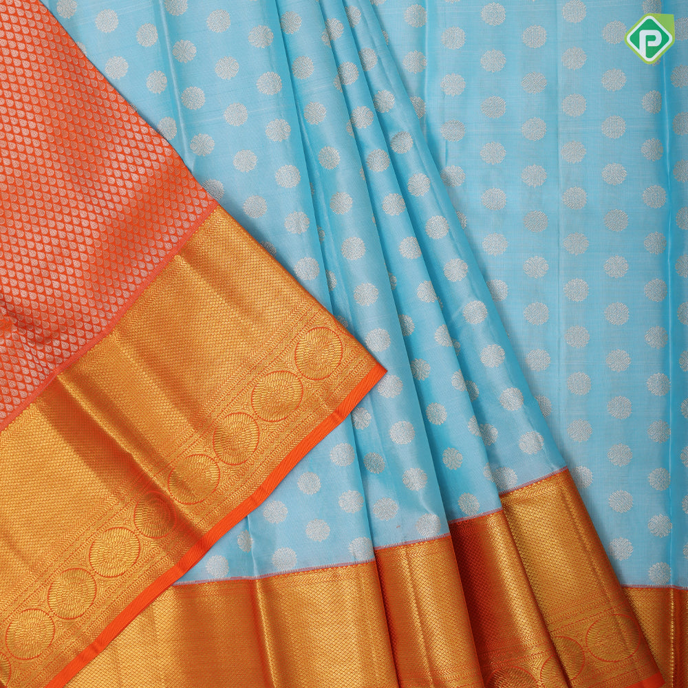 Sky blue silver zari rudraksham butta design orange gold zari border pattu paavadai lehanka