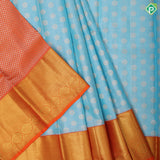 Sky blue silver zari rudraksham butta design orange gold zari border pattu paavadai lehanka