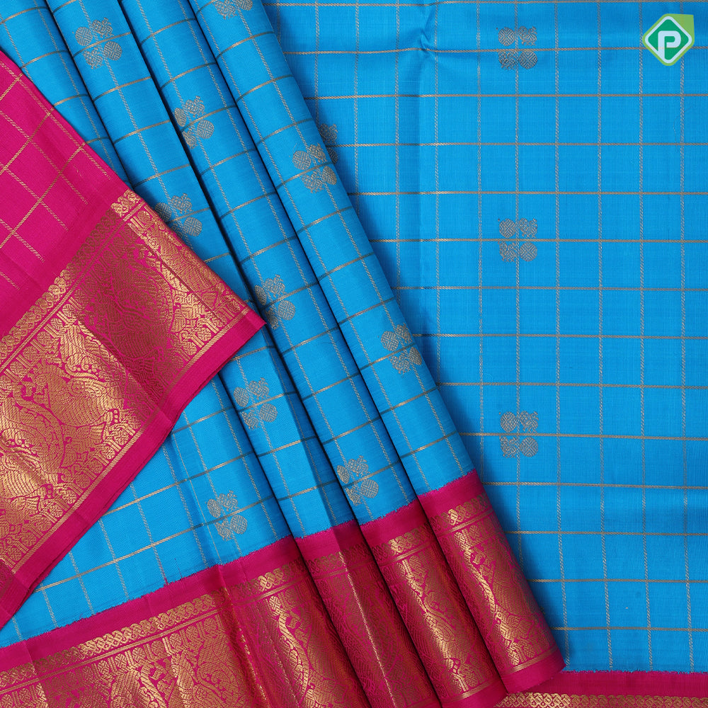 Peacock blue gold zari kattam annam chakkaram design rani pink gold zari annam butta pattu paavadai lehanka