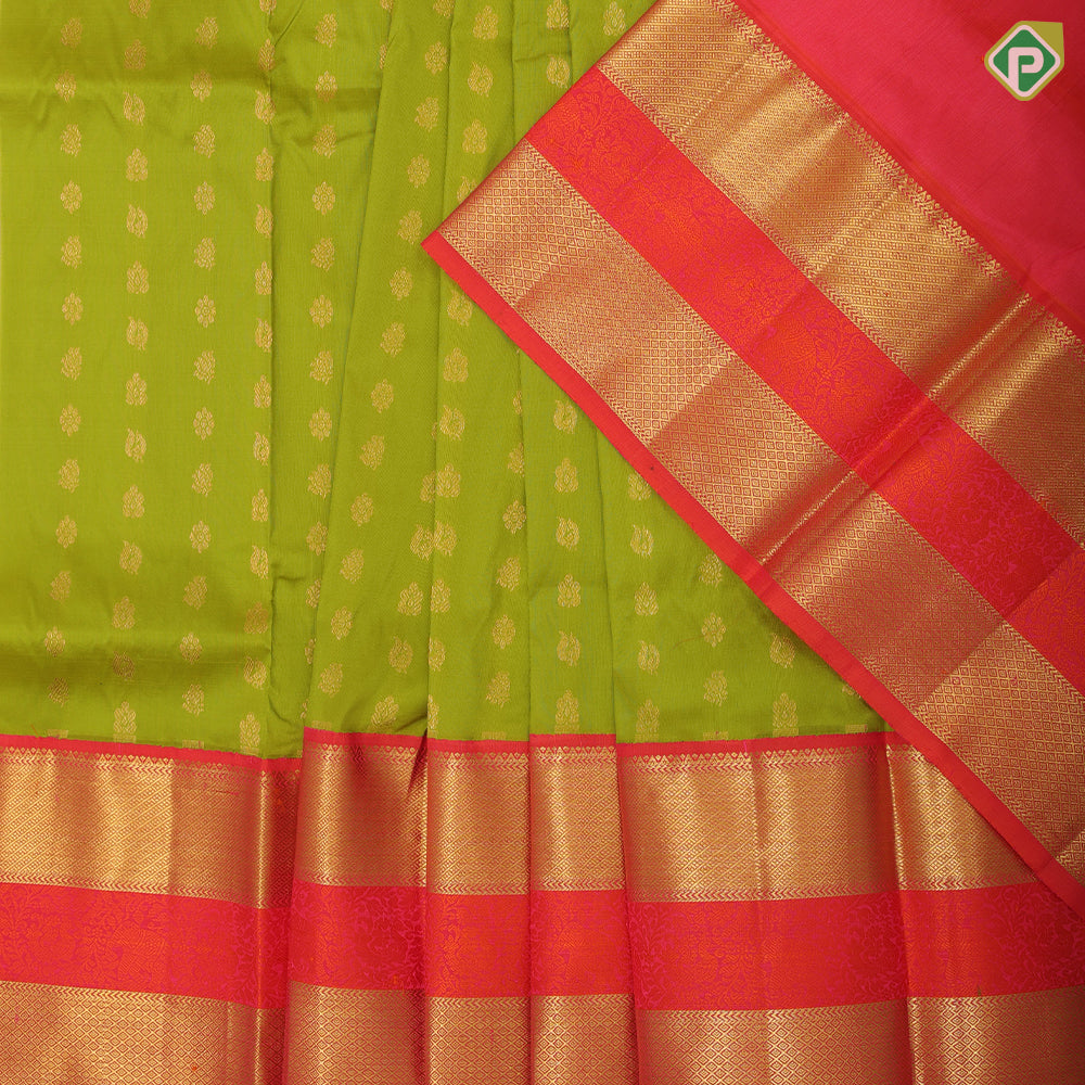 Parrot green gold zari annam and flower butta rani red gold zari diamond border mid meena work pattu paavadai lehanka