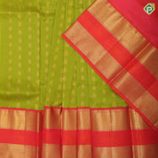Parrot green gold zari annam and flower butta rani red gold zari diamond border mid meena work pattu paavadai lehanka