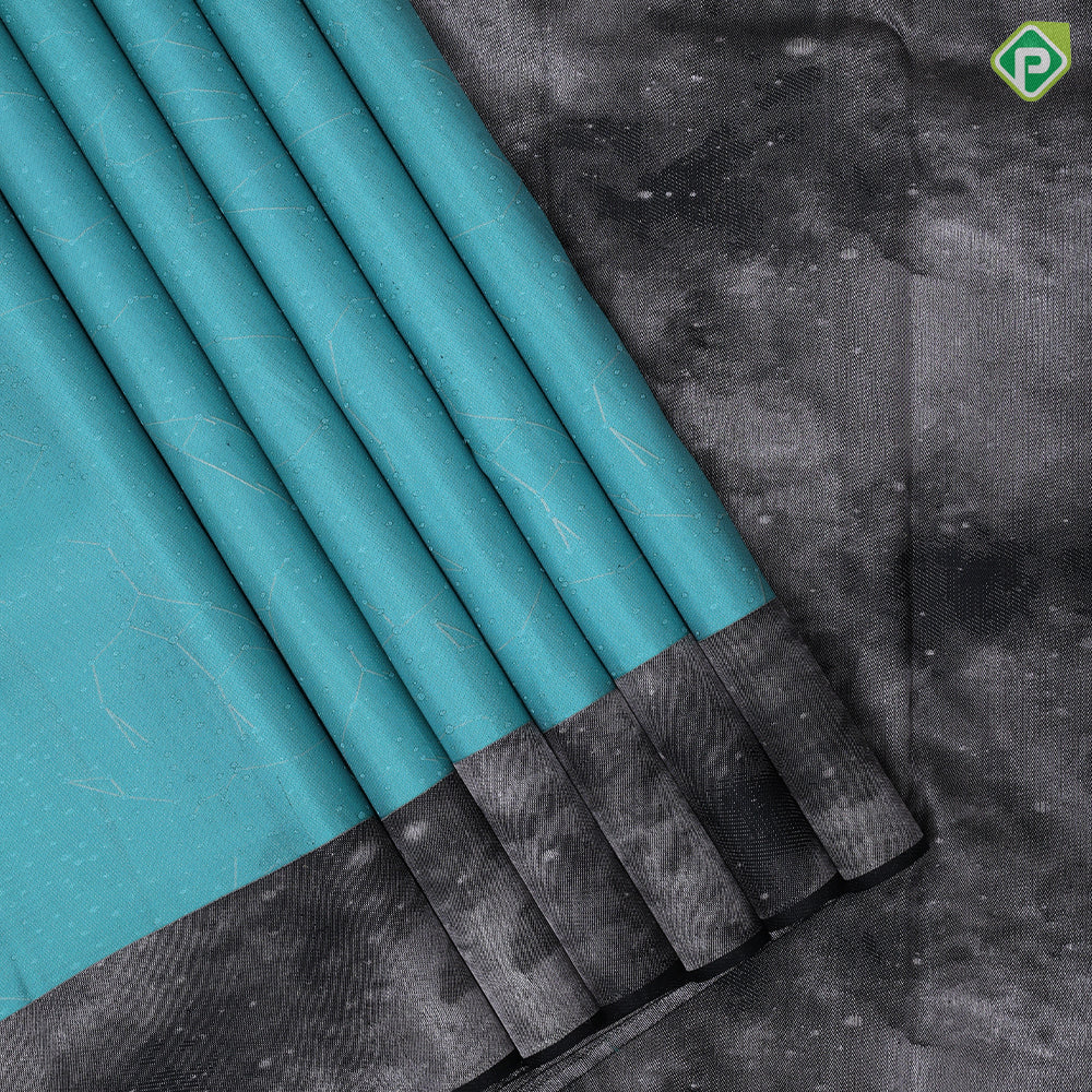 Sea foam green silver zari spider net and dots elephant grey wind design border signature trendy designer silk saree