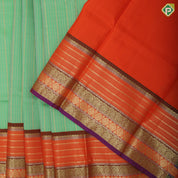 Pista Green gold zari multi designed stripes multi color gold zari meena work lines border Pattu paavadai thavani 3 in 1 set