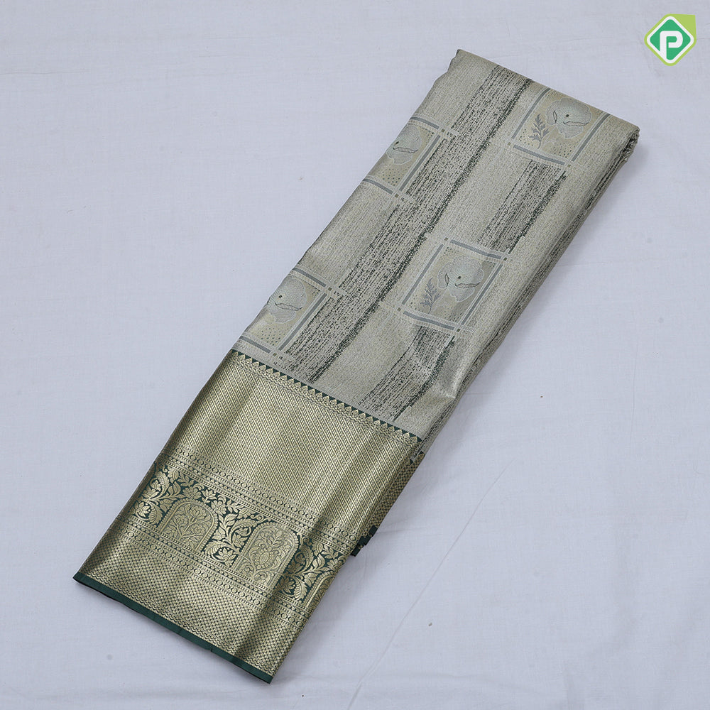 green base pastel red frame flower design self color gold zari grand border tissue art silk saree