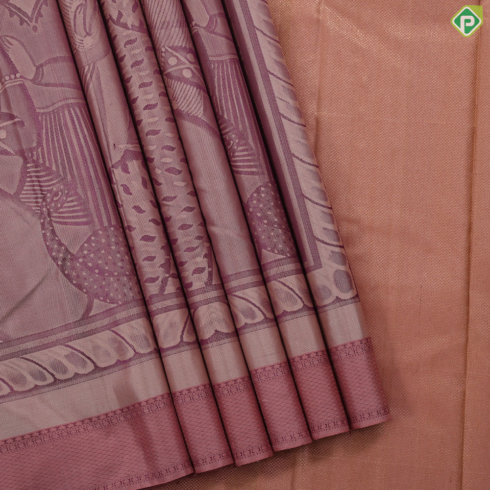 Peach color Durgai amman all god tale posture design divine effect self border signature edition silk saree