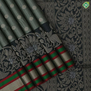 Tea green gold zari chakkaram butta motifs olive green rangoli multi color lines mid gold zari border soft silk saree