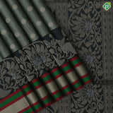 Tea green gold zari chakkaram butta motifs olive green rangoli multi color lines mid gold zari border soft silk saree