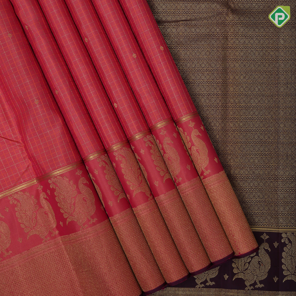 peach pink gold zari and silk thread checks self gold zari peacock butta lines diamond border traditional silk saree
