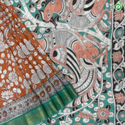 Honey orange multi color kalamkari printed design contrast pink gold zari border fancy cotton saree