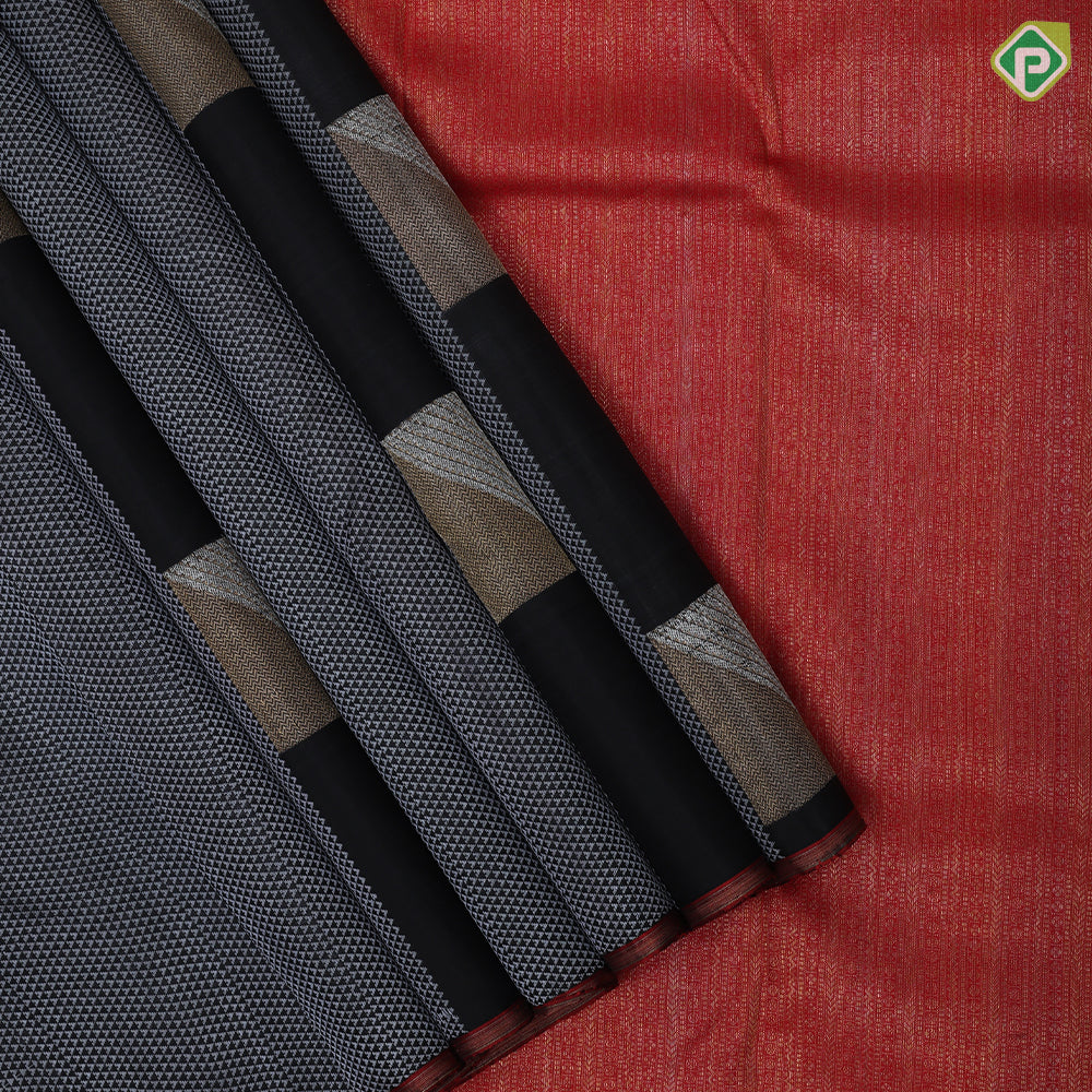 Black Colour Silver Gold Zari Arrow And Square Design Chilly Red Ledge Border Design Luxury Black Silk Saree