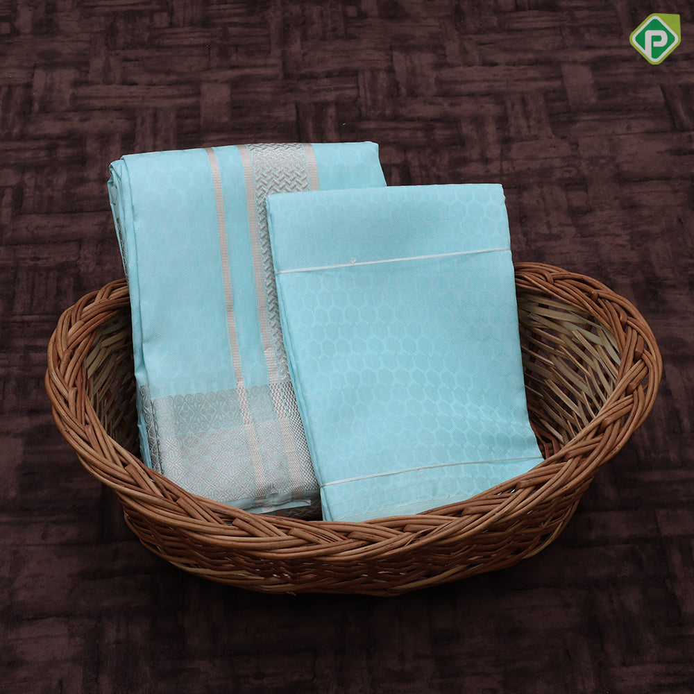 pista green silver zari lines design self silver zari mayilkan border 9*5 dhoti  3 in 1 Vesti set