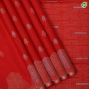tomato red silver gold zari fancy flower buds butta self gold zari fancy shape border soft silk saree
