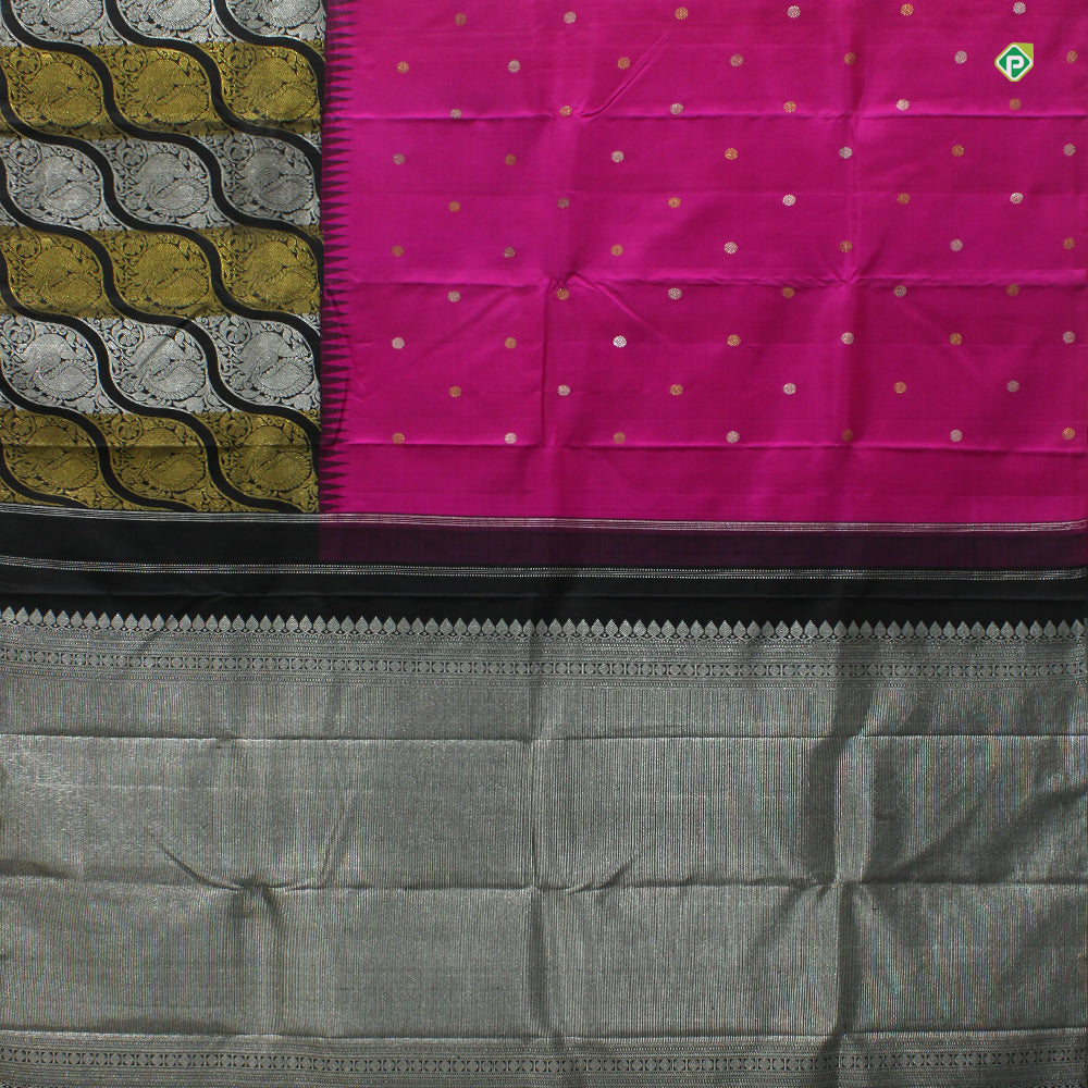 Hot Pink With Black Fancy Cross Peacock Border Motifs Trendy Silks Saree
