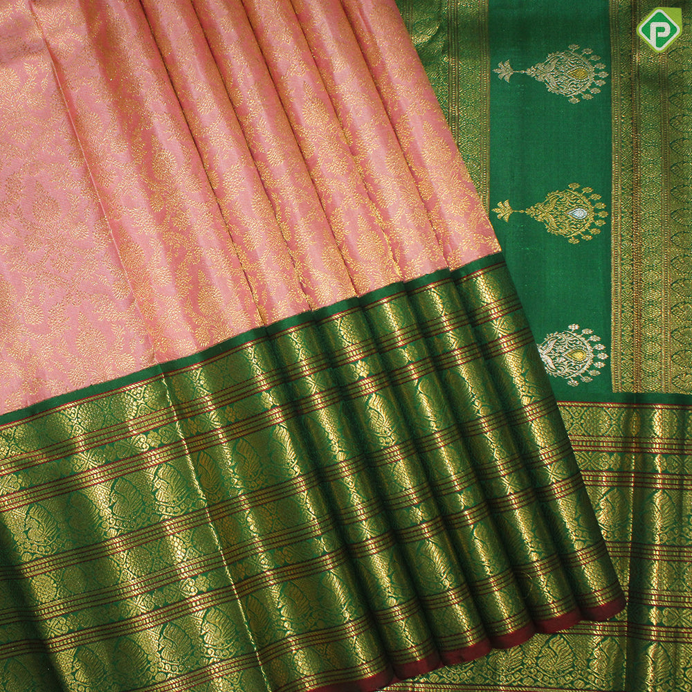 Peach Pink With Gold Zari  Peacock And Ruthracham Green Long and Small Border Traditional Silk Saree