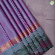 Lavender with silk pink fancy tread butta multi color mountain scenery design border trendy silk saree