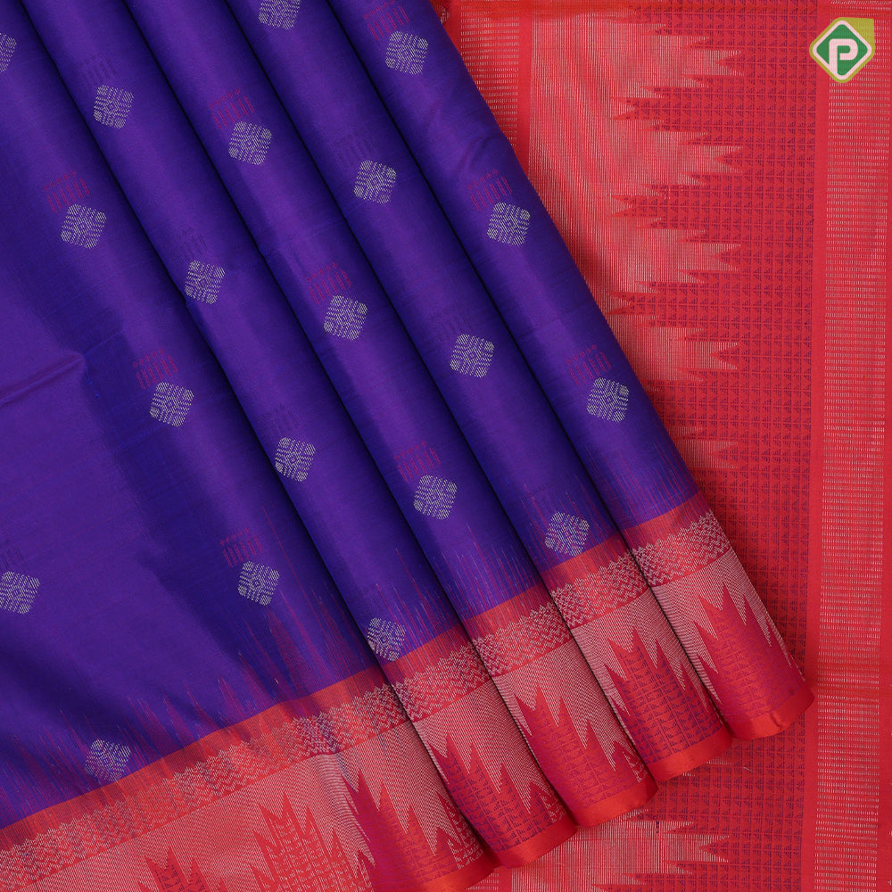 Tomato red silver zari silk thread fancy butta mustard yellow silver zari temple border soft silk saree