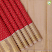 Chilly red gold zari kattam checks peach cream gold zari grand design butta border traditional silk saree