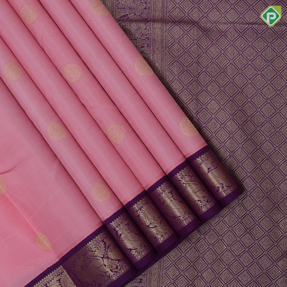 Salmon Pink Gold Zari Peacock Motif Design Purple Colour Yazhi Peacock Ruthracham Border Design Traditional Silk Saree