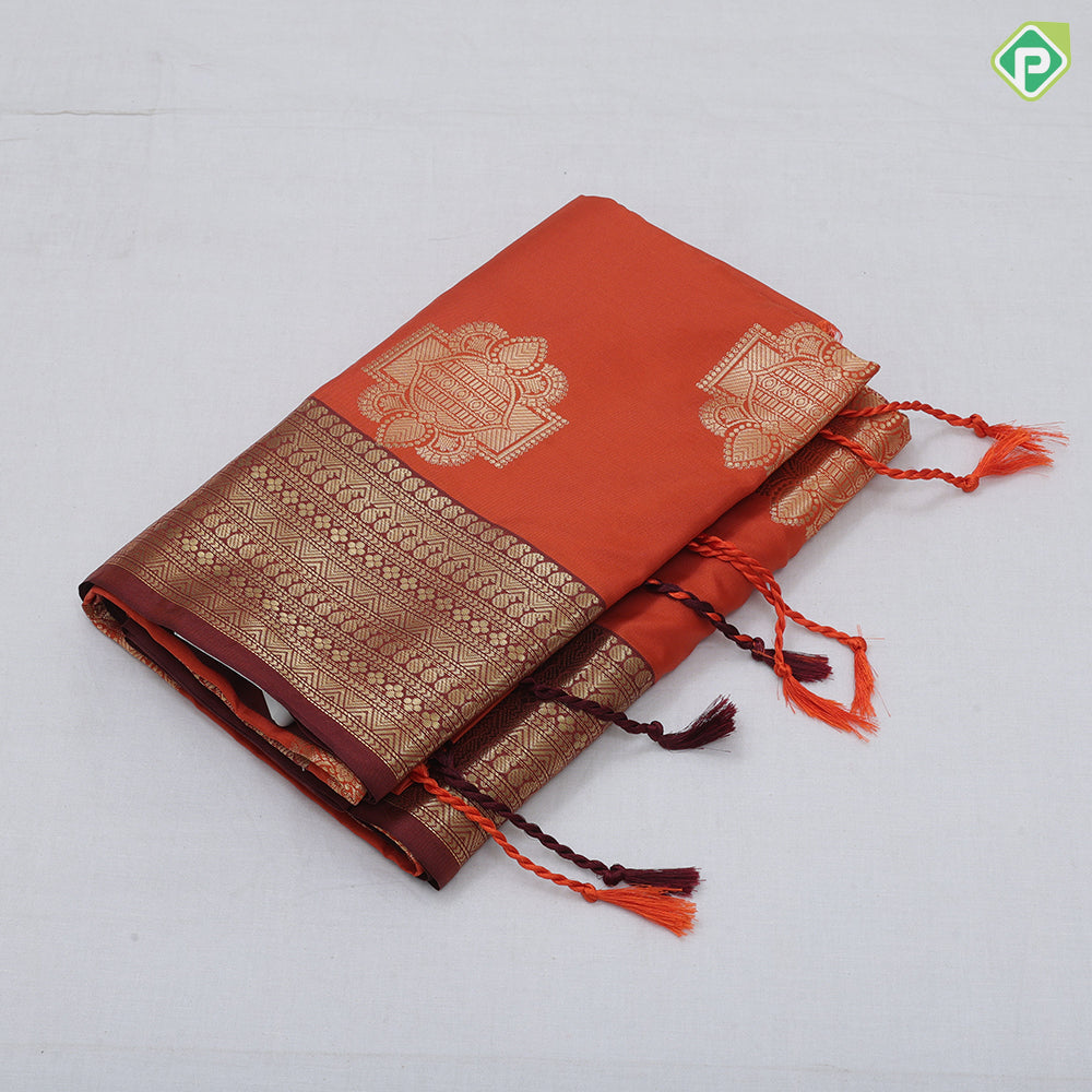 Rust Orange Gold Zari Butta Design Brown Floral Border Design Soft Art Saree