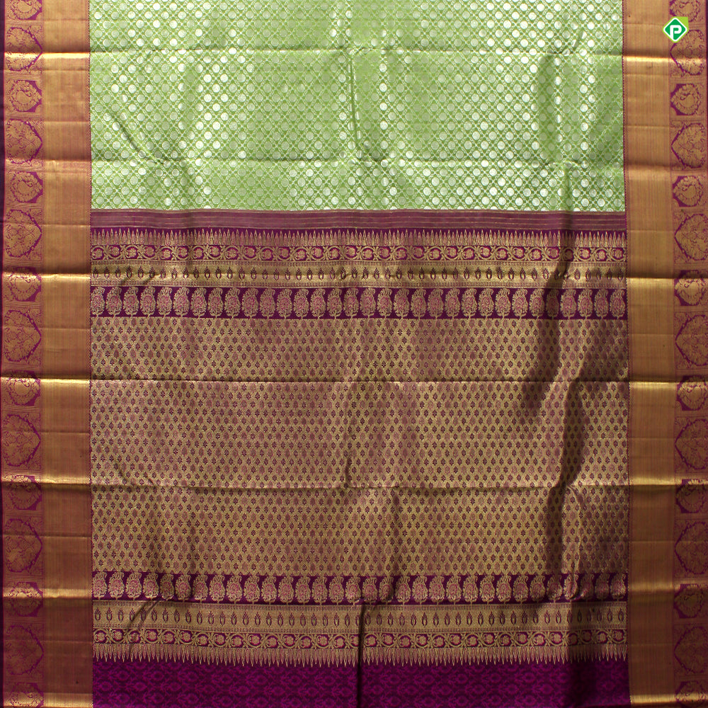Sage Green With Purple Colour Big Folka Dots With Cross  Lines Grand Bridal Silks Saree