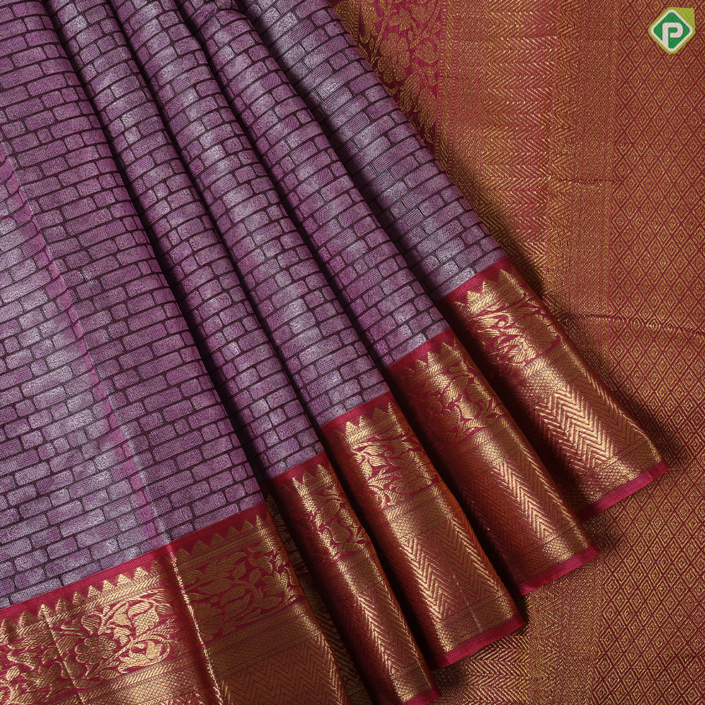purple pink brick wall design contrast red gold zari rangoli zig zag border trendy silk saree