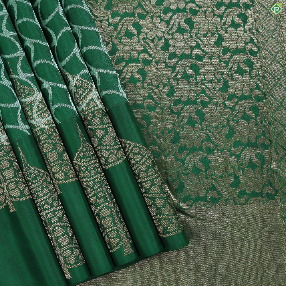 Bottle Green With Half White Rings Gold Zari Big Leaf Butta Motifs Border Trendy Linen Silk Saree