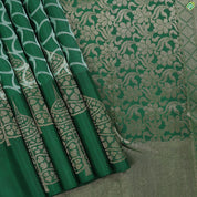 Bottle Green With Half White Rings Gold Zari Big Leaf Butta Motifs Border Trendy Linen Silk Saree