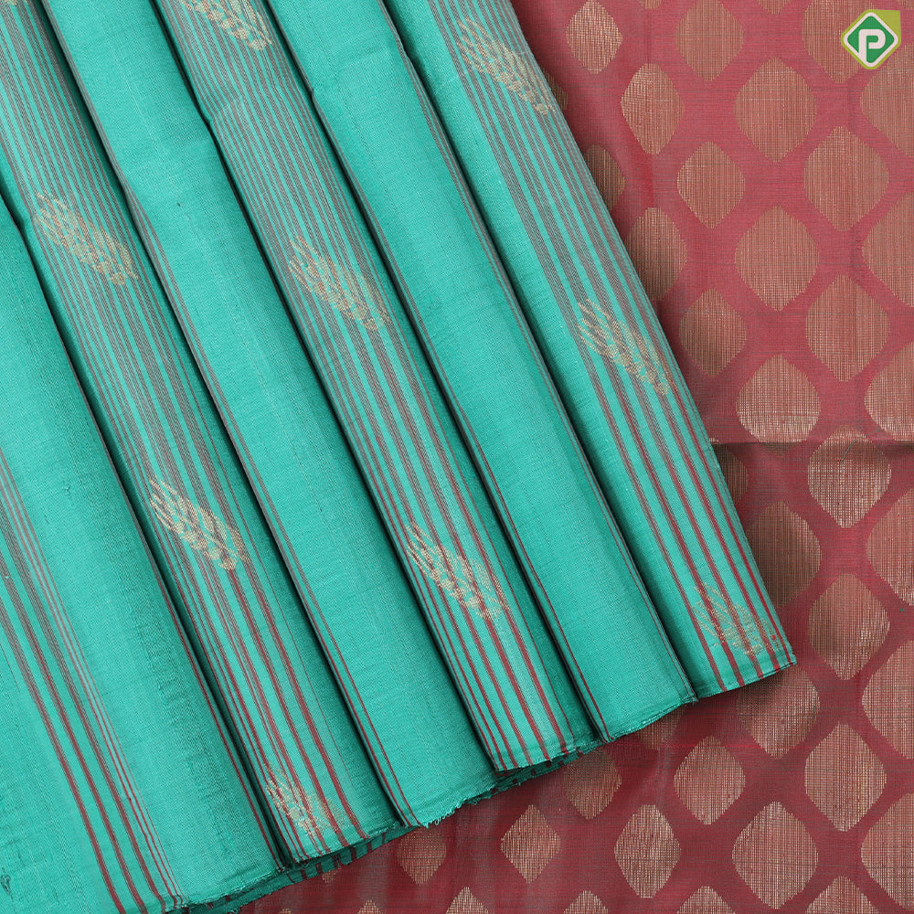 Rexona green red grouped stripes paddy ear design borderless soft silk saree