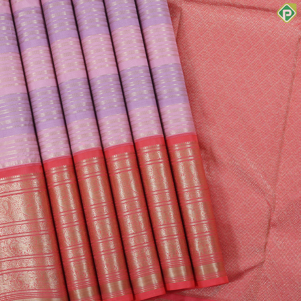 pink lavender base silver gold zari vairaoosi design peach red gold zari multi lines butta border traditional silk saree