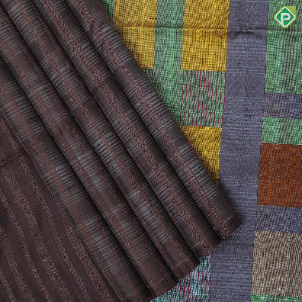 Chocolate brown self lines design borderless multi color pallu concept soft silk saree